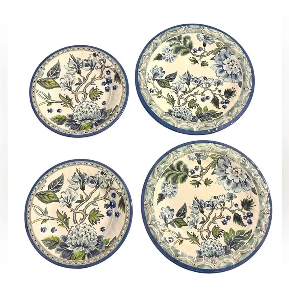 Pier 1 Melamine 2 Dinner Plates And 2 Salad Plates (4 Total) Floral Green & Blue